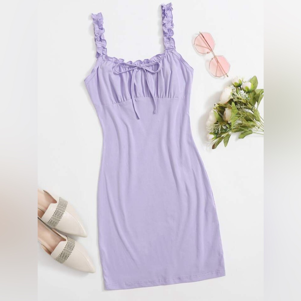 Lilac Tie Mini Dresss with Frill Trim